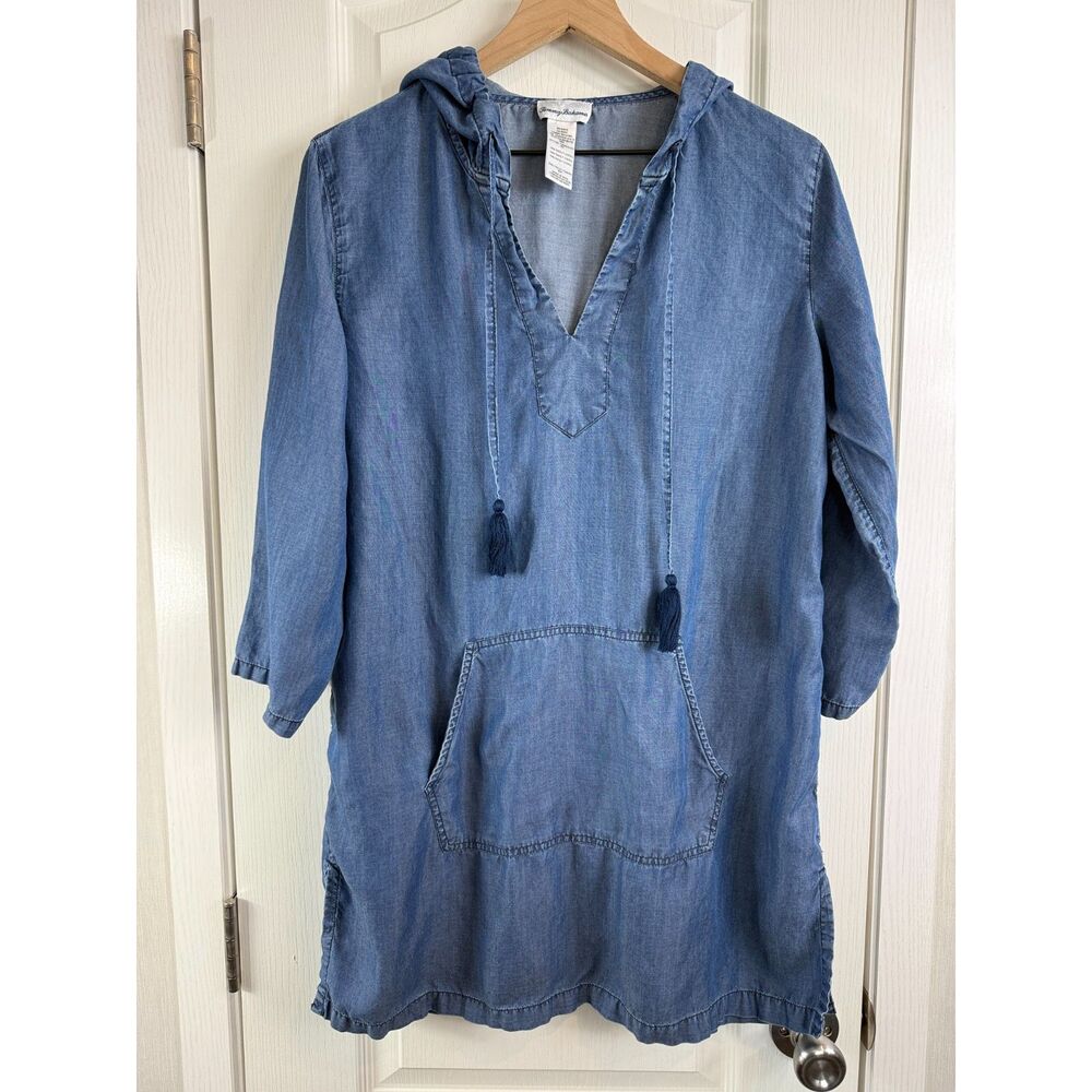 Tommy Bahama Women's Blue Tencel Chambray Coverup Dress Hooded Size S Small